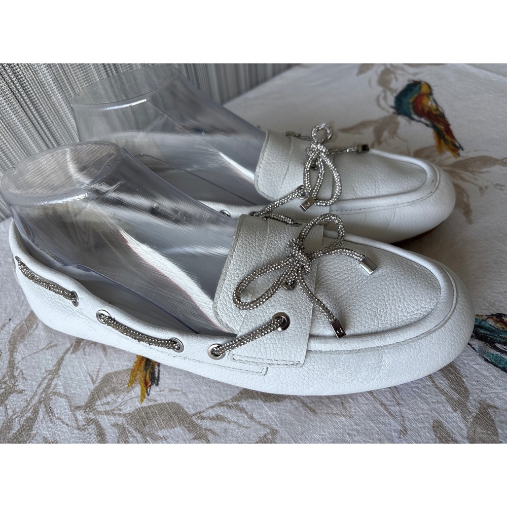 Guess Lavonta2 White Leather Rhinestone Bow Driving Loafers 8.5M GWLAVONTA2